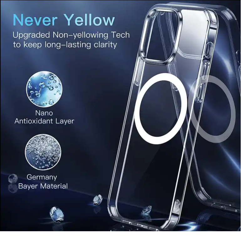 Clear Iphone 15 case that doesn't turn yellow overtime, staying clear showing off your phones natural beautiful color.