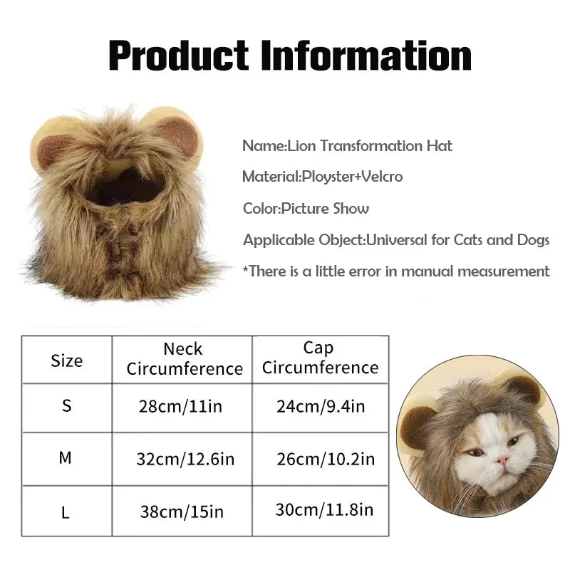 Cute Lion Mane Cat Wig Hat Funny Pets Clothes Cap Fancy Party Dogs Cosplay Costume Kitten Puppy Hat with Ears Accessories
