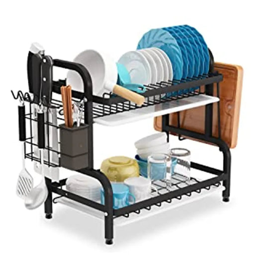 Dish Drying Rack 2-Tier Compact Kitchen Dish Rack Drainboard Set Large Rust-Proof Dish Drainer with Utensil Holder